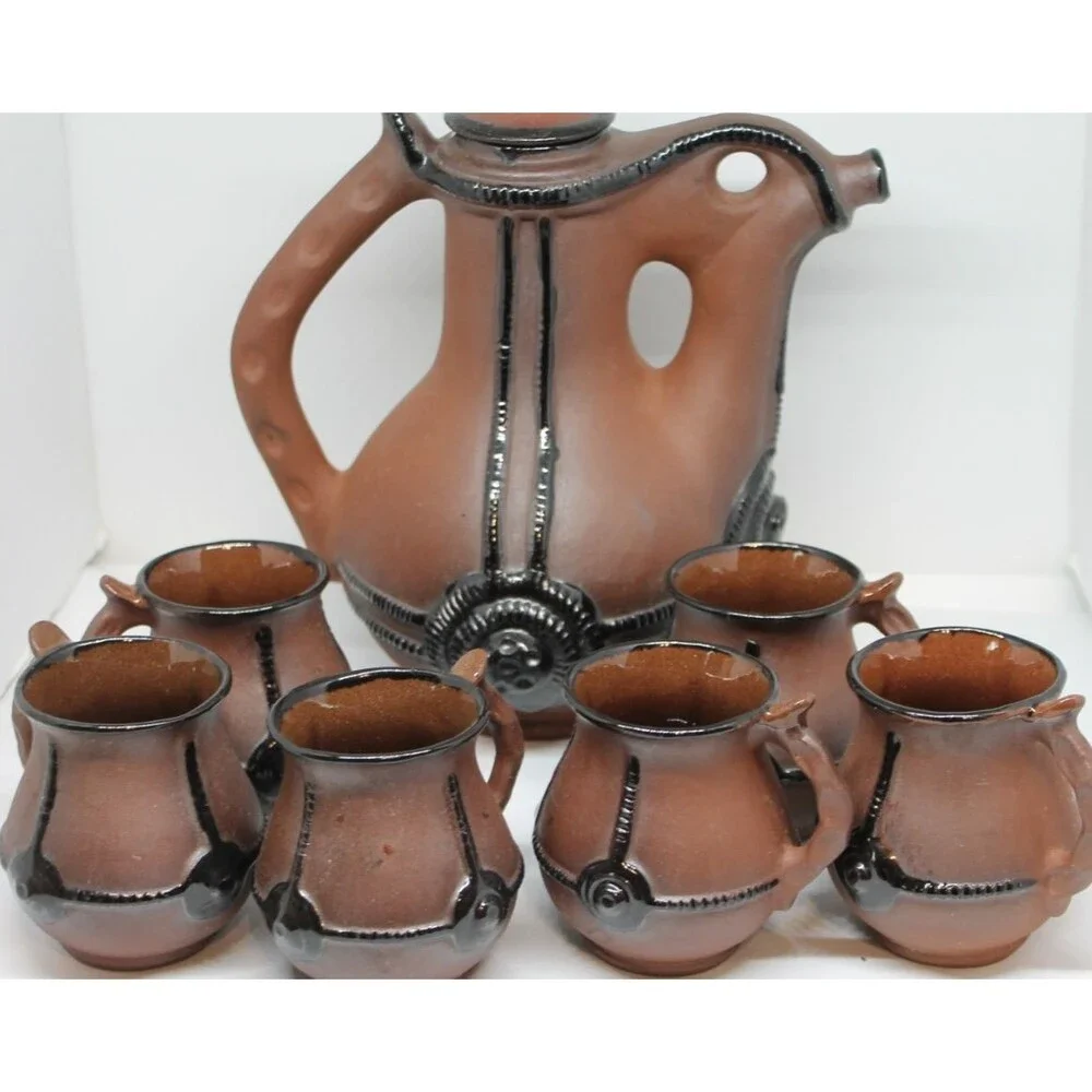 Bulgarian Clay Pottery Pitcher w/Sculptural Handle Decorative Elements 6 Mugs